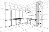 image of interior  - abstract sketch design of interior kitchen in wire frame - JPG 