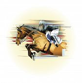 image of horse  - Vector illustration  of a jumping horse and jockey - JPG 