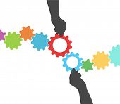picture of project  - People hands hold colorful gears to mesh two lines of tech project management - JPG 