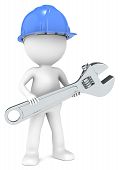 stock photo of toon  - 3D little human character The Builder with an adjustable Wrench - JPG 