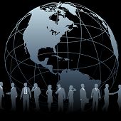 picture of longitude  - A globe symbol and international business people silhouettes on a black background - JPG 