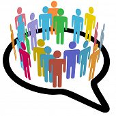 picture of meeting  - An inner circle of colorful diverse people join to meet in a social media speech bubble - JPG 