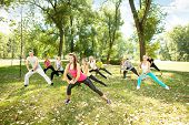 pic of outdoor  - large group of young people stretching outdoor - JPG 