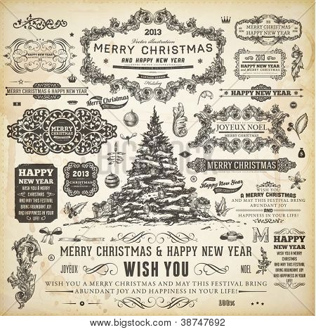 Picture or Photo of Christmas decoration collection | Set of calligraphic and typographic elements, frames, vintage labels, ribbons, borders, holly berries, fir-tree branches and balls. All for holiday invitation design.
