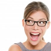 stock photo of woman  - Excited woman looking sideways screaming of joy - JPG 