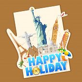 pic of world  - illustration of holiday banner with world famous monument - JPG 