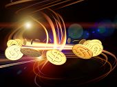 stock photo of money  - Interplay of golden dollar coins and dynamic swirls and lights on the subject of finance money business and commerce - JPG 