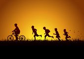 picture of nature  - Nature and running happy children at sunset - JPG 