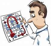 stock photo of diagram  - A cartoon man is confused by a complicated flowchart diagram - JPG 