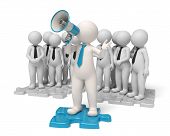 picture of puzzle  - Team leader standing on a blue puzzle making an announcement through a megaphone in the name of his people  - JPG 