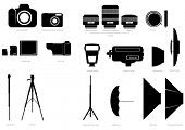 image of zoom  - Vector set of abstract silhouettes with camera and photographic accessories - JPG 