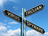 pic of trojan  - Virus Trojan Spyware Signpost Shows Internet Or Computer Threats - JPG 