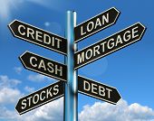 picture of finance  - Credit Loan Mortgage Signpost Shows Borrowing Finance And Debt - JPG 
