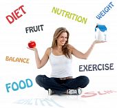 foto of food  - Beautiful woman smiling with diet and nutrition words on the background - JPG 