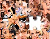 stock photo of group  - Group of business people in pieces of a puzzle - JPG 