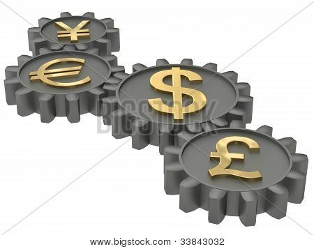 Picture or Photo of The major international currencies working together symbolized by gears