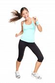 stock photo of fitness  - fitness woman exercising dance aerobics in full length isolated on white background - JPG 