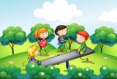 stock photo of seesaw  - Illustration of the four kids playing with the seesaw at the hill - JPG 