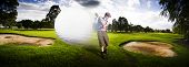 picture of golfer  - Sport Panorama Of A Vintage Golfer Hitting A Flying Golf Ball Mid Air On A Golfing Green In A Depiction Of Speed And Top Flight - JPG 