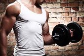 stock photo of dumbbells  - Muscular guy doing exercises with dumbbell against a brick wall - JPG 