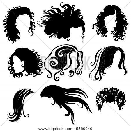 Stock vector : Big set of black hair styling for woman