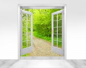 picture of metaphor  - Opened door to early morning in green garden  - JPG 