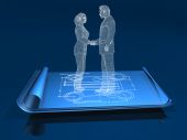 picture of wireframe  - 3d illustration of a transparent wireframe business man and woman shaking hands on top of a set of unrolled blueprints on a reflective surface - JPG 