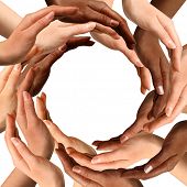 stock photo of symbols  - Conceptual symbol of multiracial human hands making a circle on white background with a copy space in the middle - JPG 