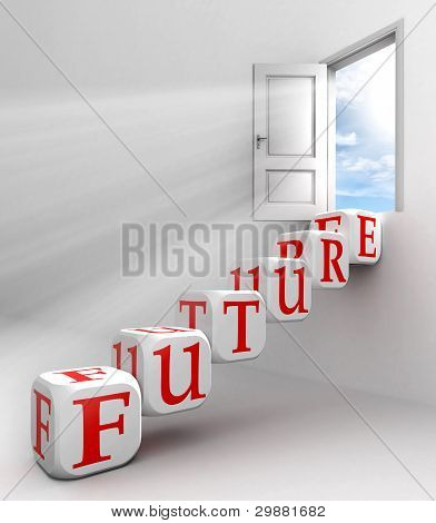 Picture or Photo of Future red word conceptual door with sky and box ladder in white room metaphor