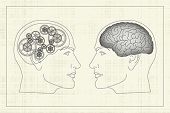 picture of intellect  - Two opposite profiles with brain and gears inside heads - JPG 