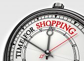 picture of time  - time for shopping concept clock closeup on white background with red and black words - JPG 