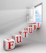 picture of future  - future red word conceptual door with sky and box ladder in white room metaphor - JPG 
