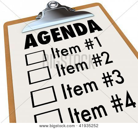 Picture or Photo of The word Agenda on a numbered list of things to do or cover, held on a clipboard, serving as a schedule for a meeting or gathering