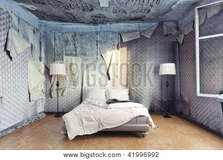 Picture or Photo of Luxury bed in abandoned interior (photo compilation)