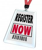 stock photo of pass  - A badge and lanyard with printed pass reading Register Now - JPG 