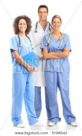 Picture or Photo of Smiling medical doctors with stethoscope. Isolated over white background