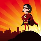 stock photo of watch  - Illustration of a cartoon super hero woman standing proudly on the outskirts of the city over which she watches and the sun beams behind - JPG 
