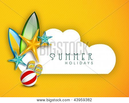 Picture or Photo of Summer Holidays background with shiny starfish, flip flops and ball with space for your message.