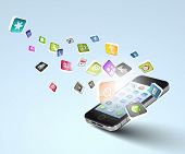 stock photo of technology  - Media technology illustration with mobile phone and icons - JPG 