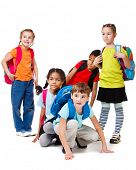 stock photo of group  - School aged children group with backpacks - JPG 
