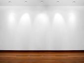 stock photo of interior  - Empty white wall with 5 spot lights and wooden floor - JPG 