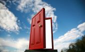 picture of portal  - a magic red door  leading to the outside world or perhaps a portal to the 5th dimention - JPG 