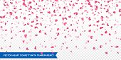 Heart confetti of Valentines petals falling on transparent background. Flower petal in shape of hear