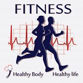 picture of heartbeat  - vector illustration of male and female runners and heart rate background - JPG 