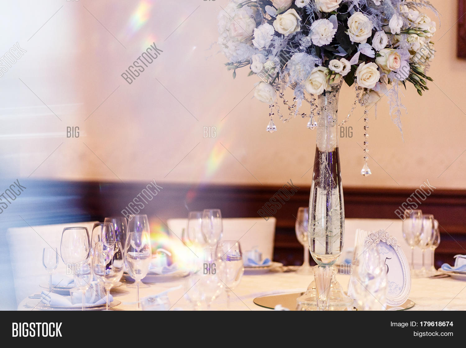 Luxury Wedding Decor With Flowers And Glass Vases Number Of Luxury Wedding Decor With Flowers And Glass Vases Number Of Setting On Round Tables