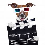 stock photo of watch  - movie clapper board 3d glasses dog watching a movie - JPG 