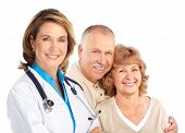 picture of medical doctors  - Smiling medical doctor with stethoscope and elderly couple - JPG 