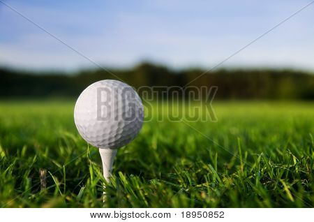 Picture or Photo of Golf ball on tee. Green grass, blue sky.