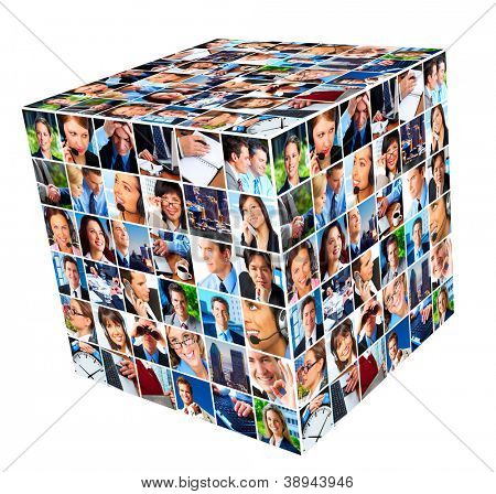 Grupo de empresarios. fondo del collage de cubo.