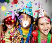 foto of kid  - Three funny carnival kids portrait enjoying together - JPG 